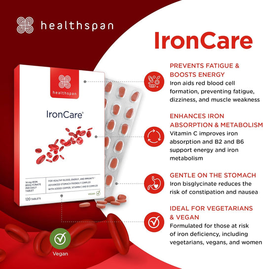 Healthspan Ironcare (120 Tablets) | Added Vitamin C & B2, B6 & B12 | Stomach Friendly | Combats Tiredness & Fatigue | Supports Red Blood Cell Formation | Easy-Swallow | Vegan