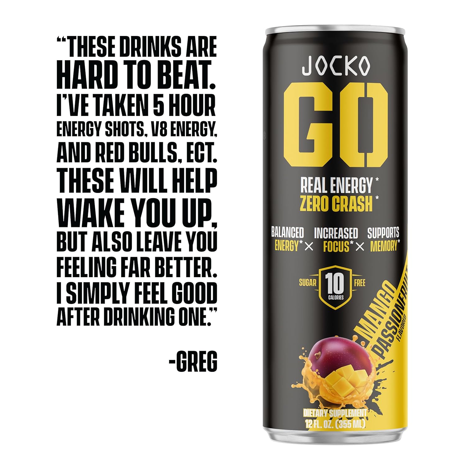 Jocko Go Energy Drink - Keto, Vitamin B12, Vitamin B6, Electrolytes, L Theanine, Magnesium- All Natural Energy Boost, Sugar Free Nootropic Monk Fruit Blend - 12 Pack (Mango Passionfruit)