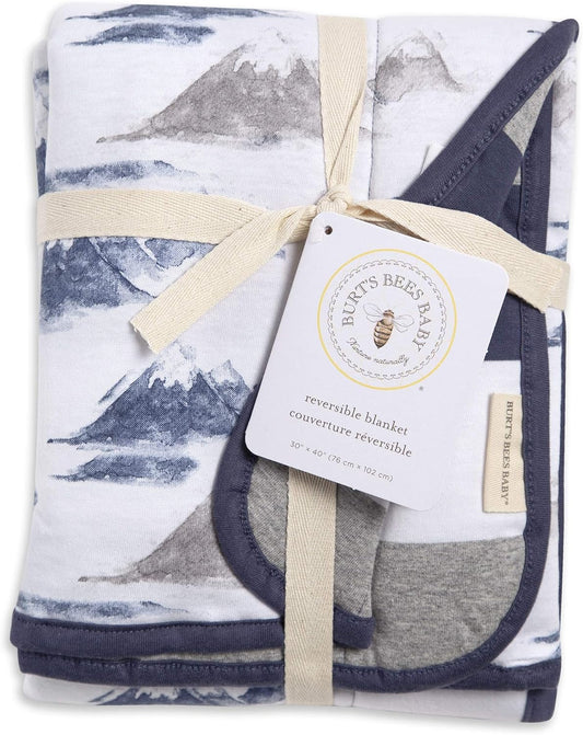 Burts Bees Baby Infant Reversible Blankets 100% Organic Cotton Gots Certified - Watercolor Mountains Prints With Quilting Pattern Soft Nursery Blanket With 100% Polyester Fill For Size 30 X 40 Inch