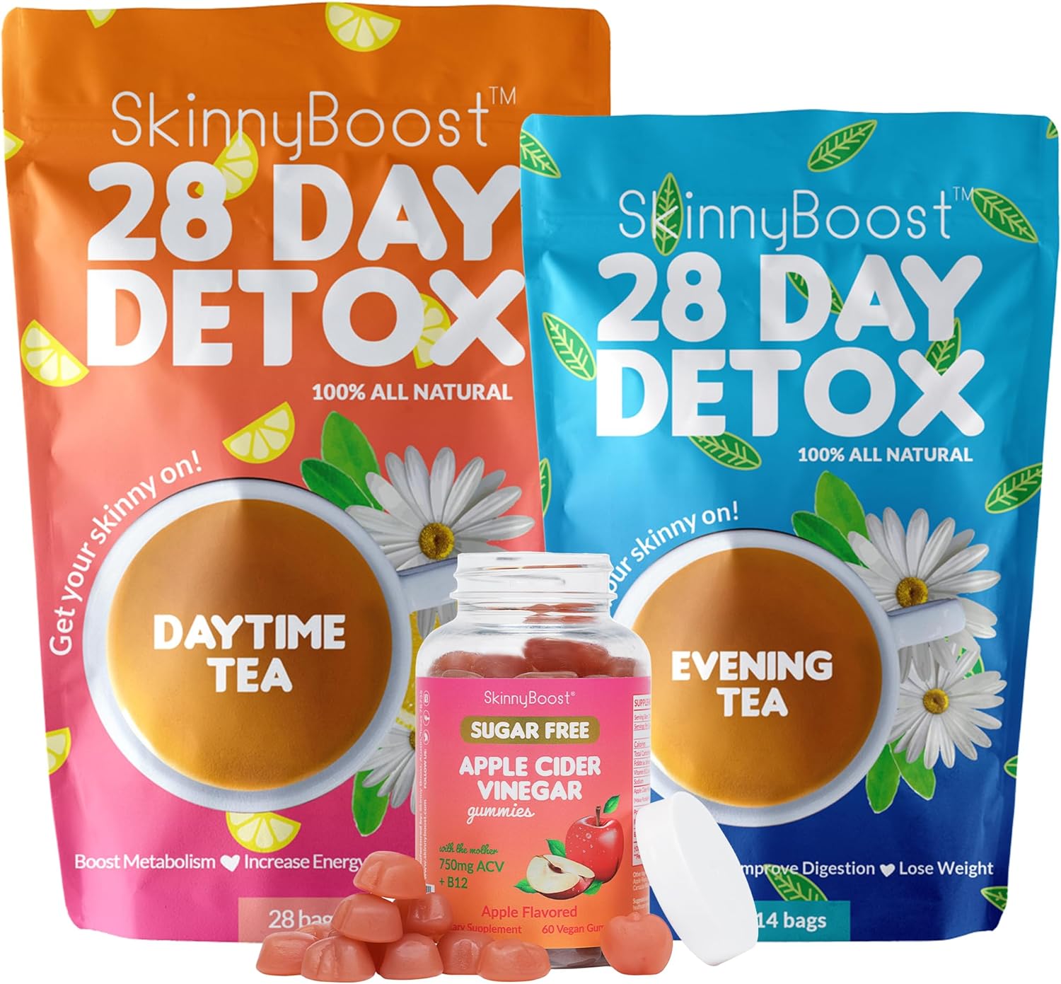 Skinnyboost - Detox Tea Power Kit-1 - Daytime Tea (28 Bags) 1 Evening Detox Tea (14 Bags) & 1 Sugar Free Apple Cider Vinegar Vegan Gummies (60 Gummies) Detox And Cleanse