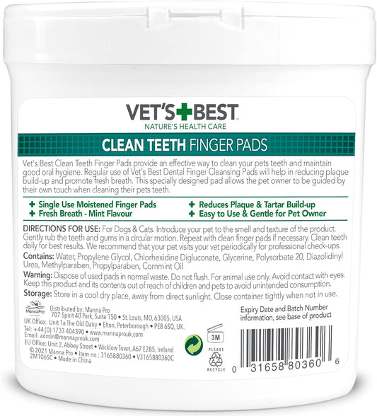 Vets Best Dental Care Finger Wipes | Reduces Plaque & Freshens Breath | Teeth Cleaning Finger Wipes for Dogs & Cats | 50 Disposable Wipes