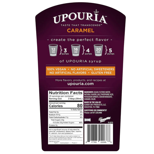 Upouria Caramel Coffee Syrup Flavoring, 100% Vegan, Gluten-Free, Kosher, 750 mL Bottle - Coffee Syrup Pump Included