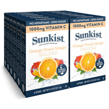 Sunkist Singles To Go Drink Mix Packets, Orange Peach Mango, 6-Count Per Box – Powdered Drink Packets With 1000Mg Of Vitamin C Per Serving, Zero Sugar Water Enhancers, 72 Total Powder Sticks