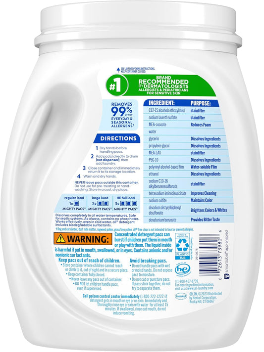 All Mighty Pacs With Stainlifters Free Clear Laundry Detergent, Free Clear For Sensitive Skin, 66 Count - (Pack Of 2)