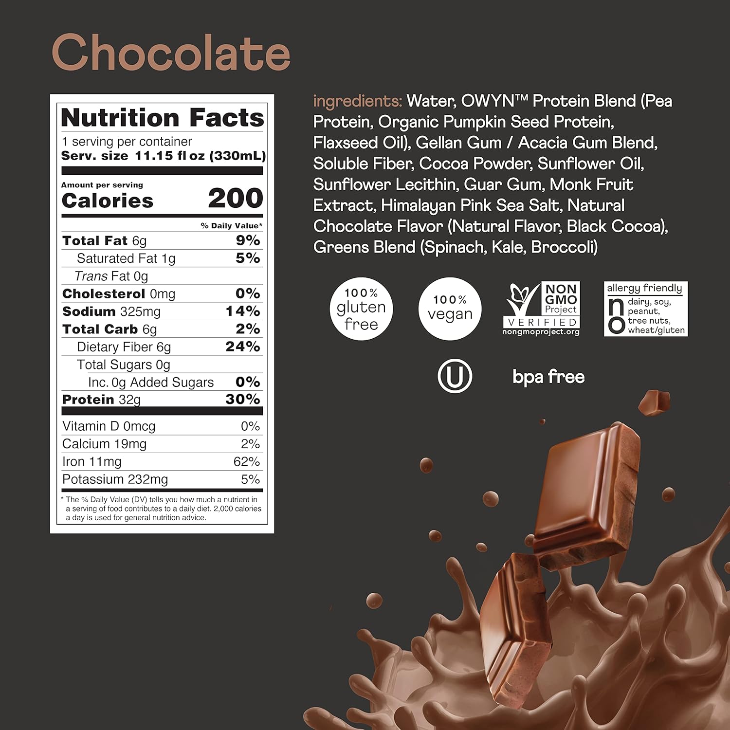 OWYN Pro Elite Vegan High Protein Shake, Chocolate, 32g Plant Based Protein with Fiber, Prebiotics, Superfoods Greens, Workout and Recovery, 0g Net Carbs, Zero Sugar, Keto (36 Pack) : Everything Else