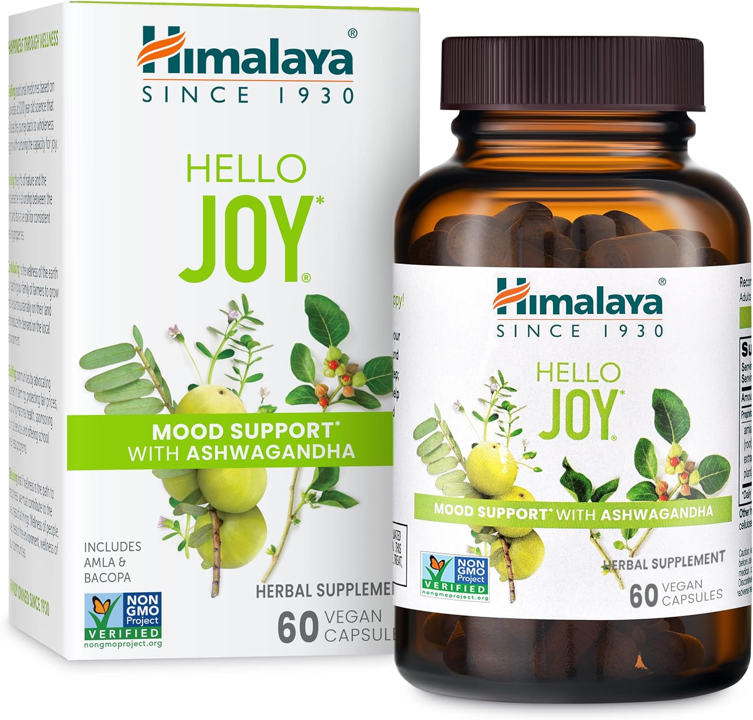 Himalaya Hello Joy Herbal Supplement, With Ashwagandha, Amla, Bacopa, Holy Basil/Tulsi, Positive Outlook, Supports Motivation, Stress Relief, Balanced Cortisol, Non-Gmo, Vegan, 60 Capsules