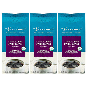 Teeccino Dandelion Dark Roast Herbal Coffee - Caffeine-Free Coffee Alternative With Prebiotics, Gluten Free, Acid Free, Organic - 10 Oz (Pack Of 3)