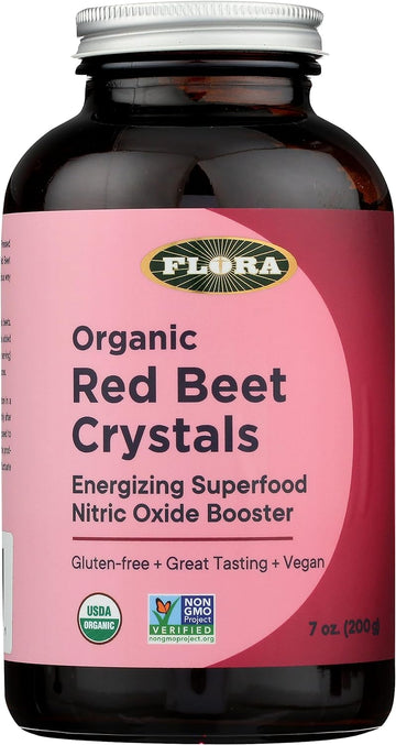 Flora - Organic Red Beet Crystals, Energizing Superfood, Nitric Oxide Booster, Vegan, Equals 5.5 Lbs. Of Red Beets, Pressed From Fresh Harvested Organic Beets, 7-Oz. Powder