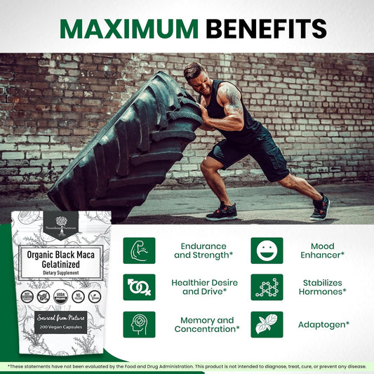 Organic Gelatinized Black Maca 3X Stronger 200 Maca Root Capsules For Men & Black Maca Root For Women Natural Energy Supplement For Focus - Black Maca Root Powder, Stamina & Endurance Supplements