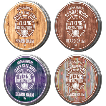 Viking Revolution 4 Beard Balm Variety Pack (1Oz Each)- Sandalwood, Pine & Cedar, Bay Rum, Clary Sage- Styles, Strengthens & Softens Beards & Mustaches - Leave In Conditioner Wax For Men