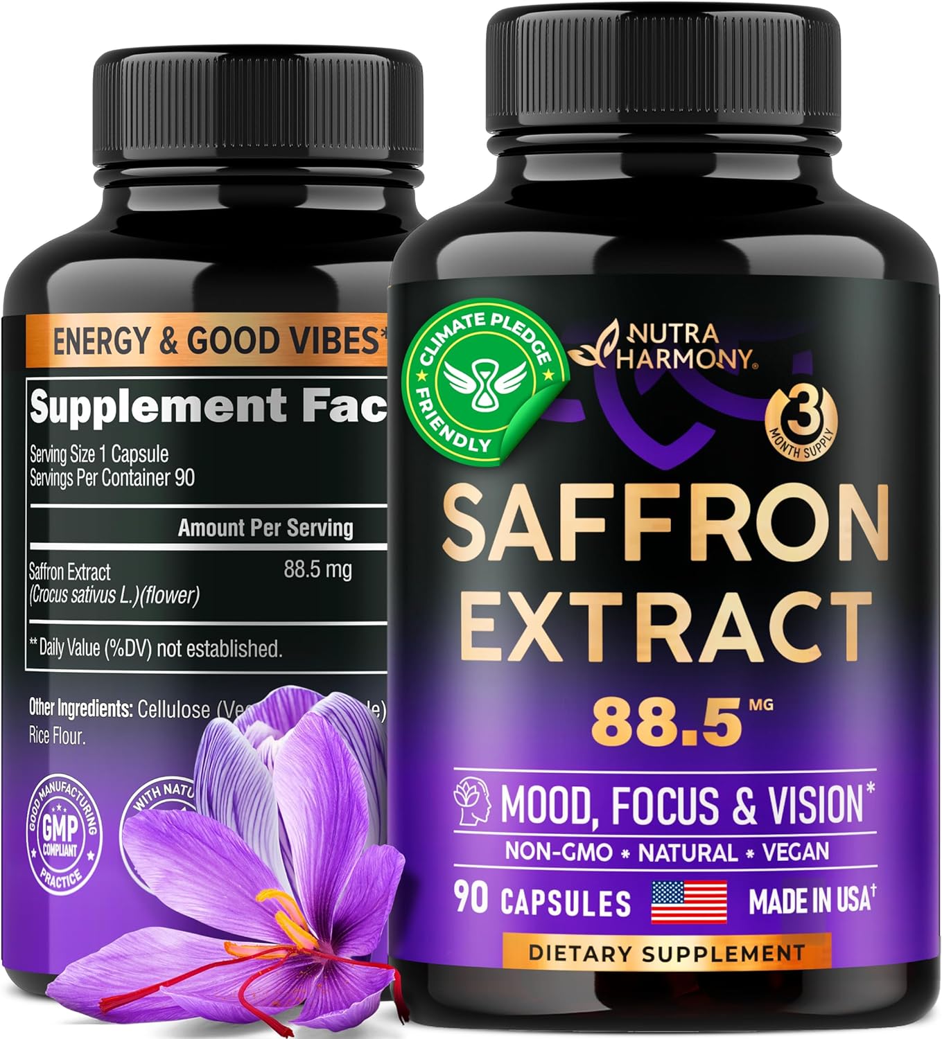 Natural Saffron Supplements - Pure Saffron Extract 88.5 Mg - Made In Usa - Mood | Focus | Vision | Energy Support - Eye Health For Women & Men - Nongmo Vegan Pills - 90 Powder Capsules, 3 Month Supply