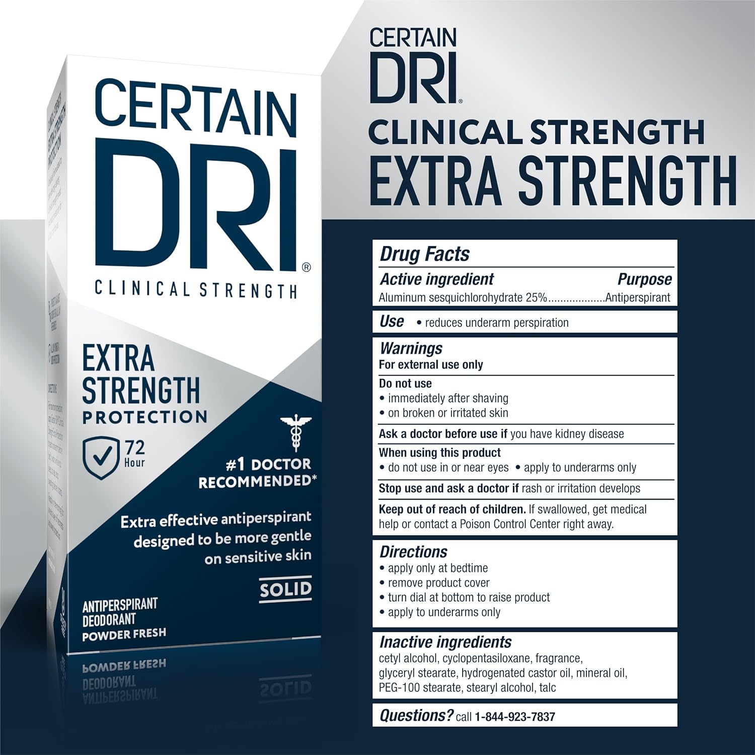 Certain Dri Extra Strength Clinical Solid Antiperspirant, Hyperhidrosis Treatment for Men & Women, Long-Lasting 72hr Protection, Effective Sweat Control, Travel Friendly, Powder Fresh Scent, 1.7oz : Beauty & Personal Care