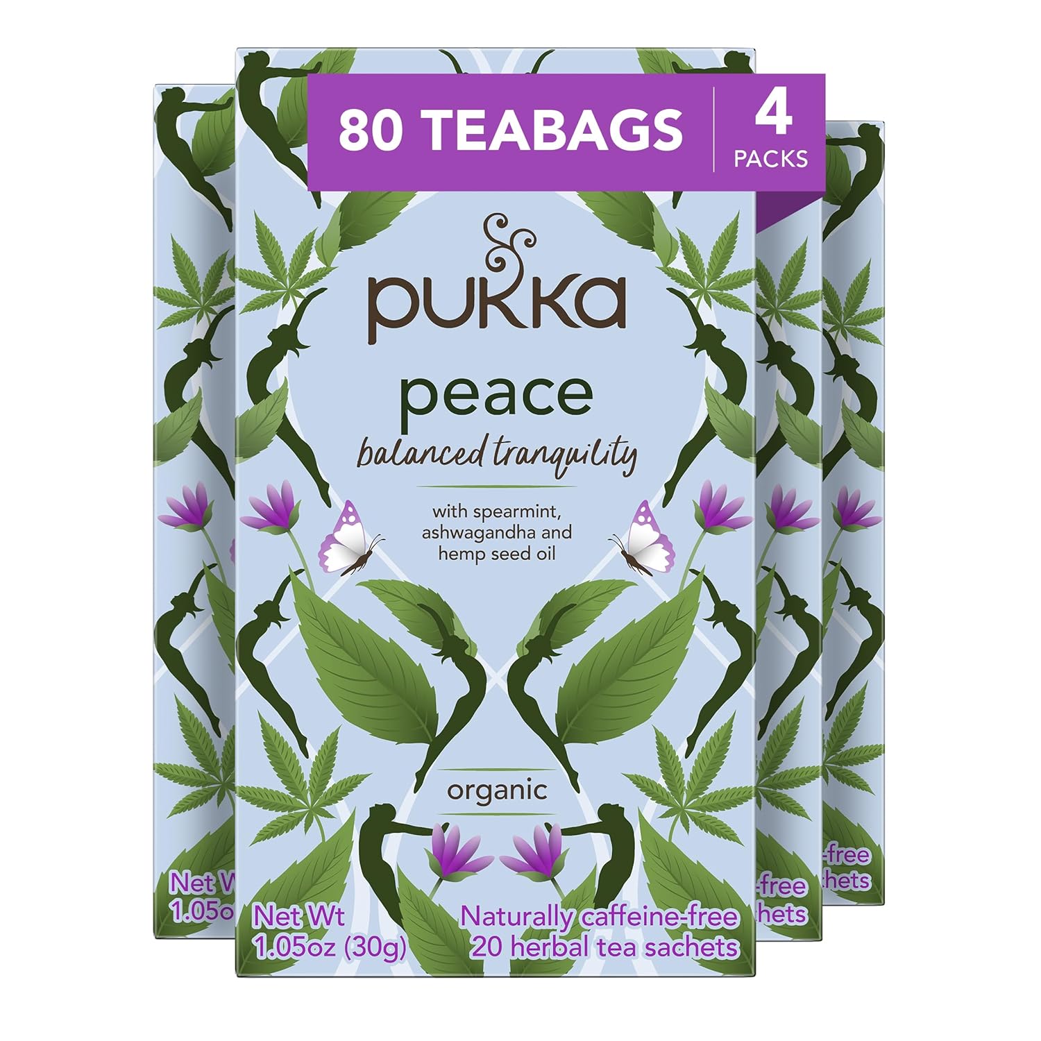 Pukka Organic Tea Bags, Peace Herbal Tea With Spearmint, Ashwagandha, And Hemp Seed Oil, Perfect For Balanced Tranquility, 80 Total Tea Bags (20Ct - Pack Of 4)