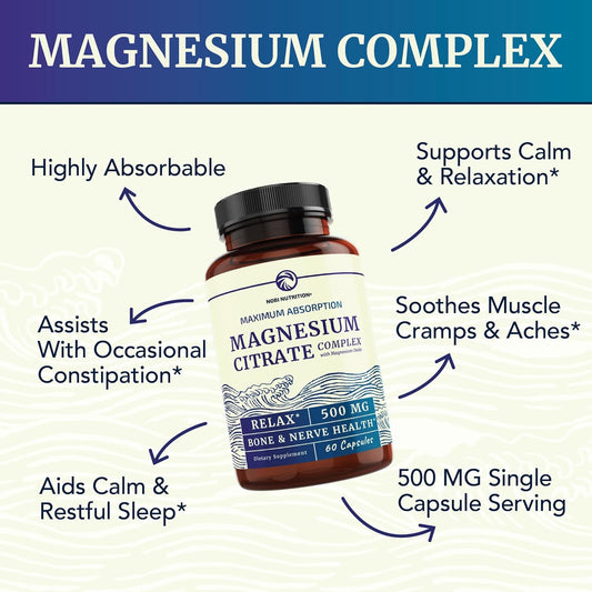 Magnesium Citrate Complex 500 Mg For Calm, Relaxation, Constipation & Digestion Health Support | High Absorption Magnesium Supplement With Elemental Magnesium Oxide | Non-Gmo, Soy-Free | 60Ct