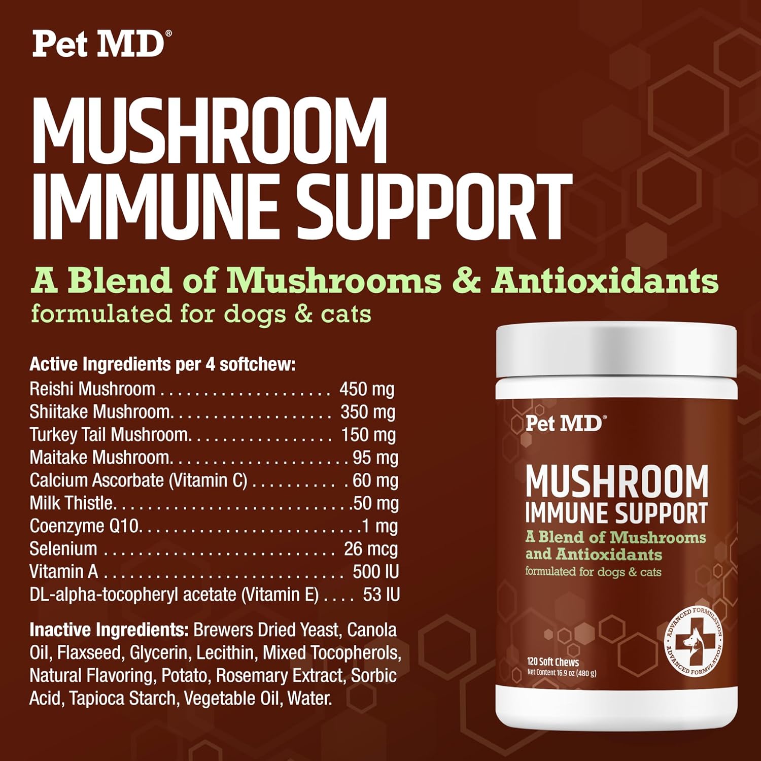 Pet MD Mushroom Immune Support - Turkey Tail Mushroom for Dogs - Mushroom Cat Immune Support Supplement - Milk Thistle for Dogs & Cats with CoQ10 for Dogs - Immunity Supplement for Dogs - 120 Chews : Pet Supplies