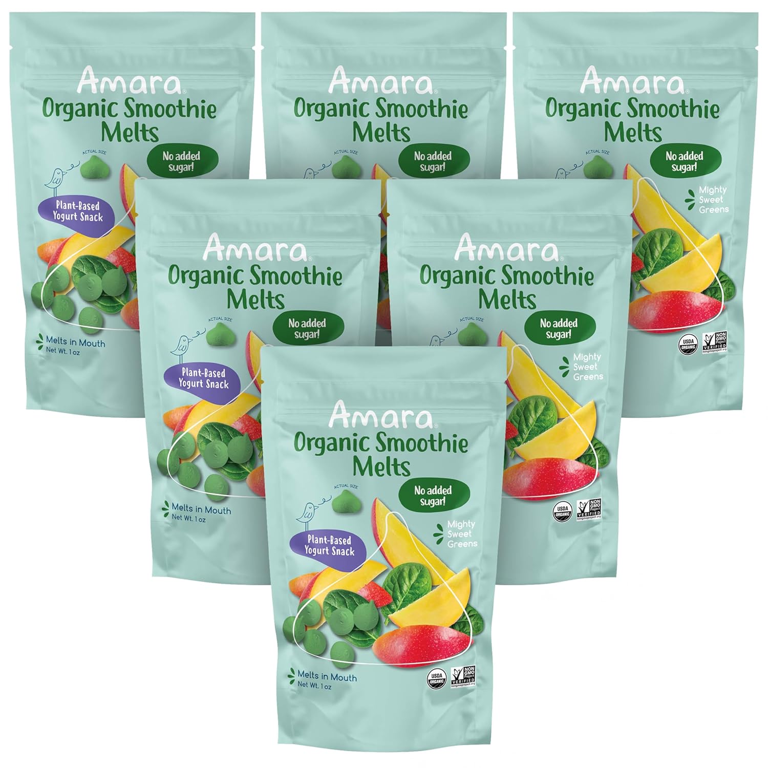 Amara Smoothie Melts - Mighty Sweet Greens - Baby Snacks Made With Fruits And Vegetables - Healthy Toddler Snacks For Your Kids Lunch Box - Organic Plant Based Yogurt Melts - 6 Resealable Bags