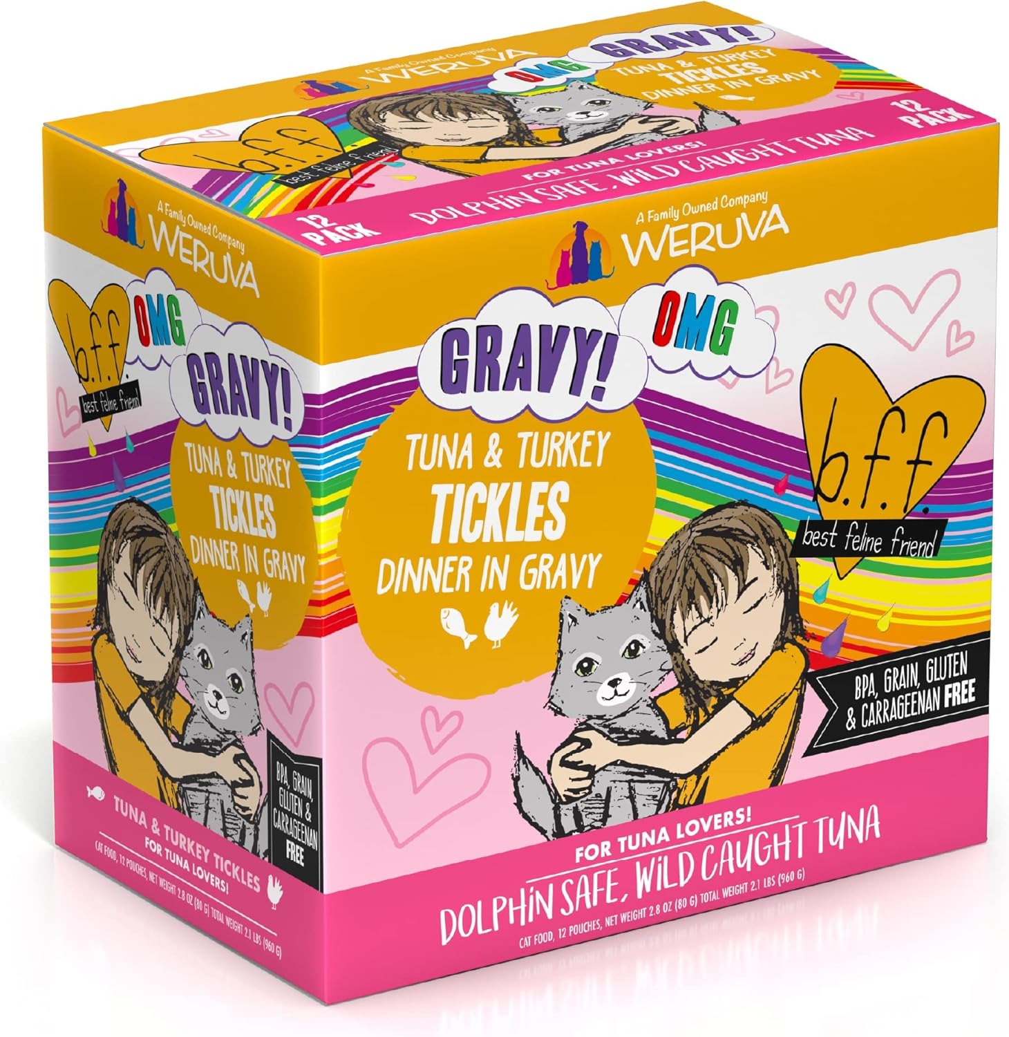 Weruva B.F.F. OMG - Best Feline Friend Oh My Gravy!, Tuna & Turkey Tickles with Tuna & Turkey in Gravy Cat Food, 3oz Pouch (Pack of 12) : Pet Food : Pet Supplies