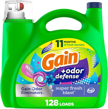 Gain + Odor Defense Liquid Laundry Detergent, He Compatible, Super Fresh Blast Scent, 184 Fl Oz, 128 Loads