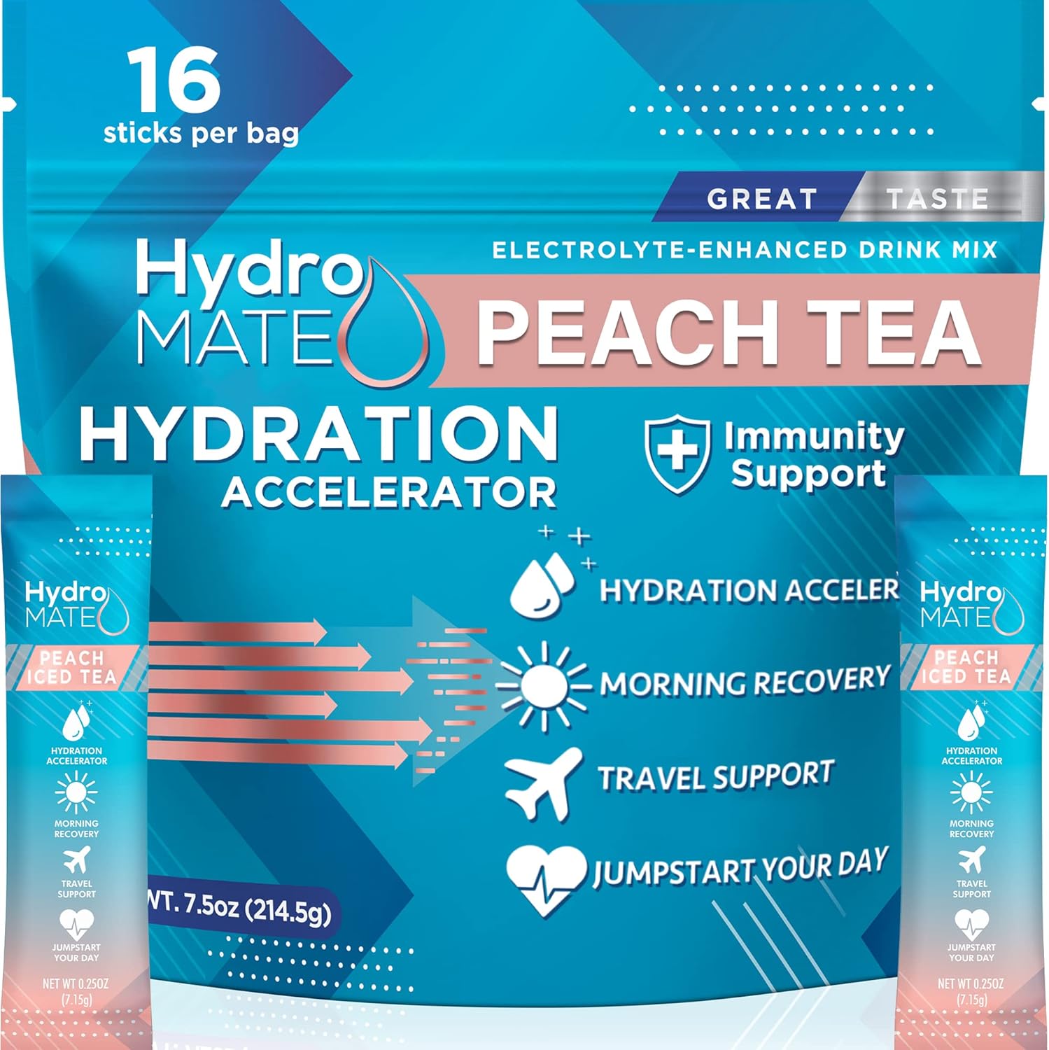 Hydromate Electrolytes Powder Packets Drink Mix Low Sugar Hydration Accelerator Fast Party Recovery With Vitamin C B12 Peach Iced Tea 16 Sticks