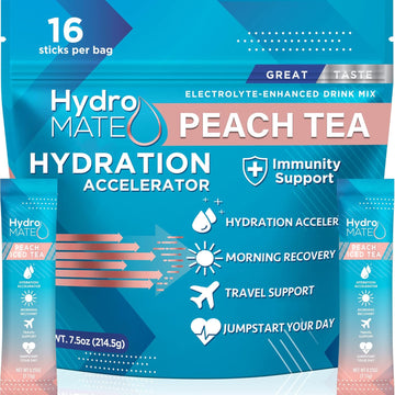 Hydromate Electrolytes Powder Packets Drink Mix Low Sugar Hydration Accelerator Fast Party Recovery With Vitamin C B12 Peach Iced Tea 16 Sticks