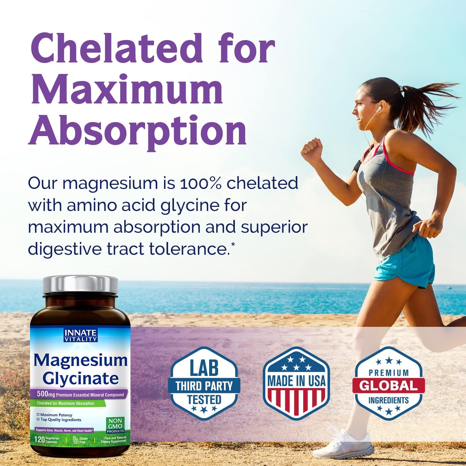 Innate Vitality Magnesium Glycinate 500mg | 70mg Elemental Magnesium Supplement- High Absorption, Non-GMO & No Gluten - Supports Nerve, Muscle, Bone & Heart Health - 120 Vegan Capsules Magnesio : Health & Household