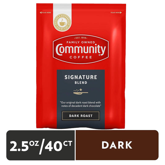 Community Coffee Signature Blend, Dark Roast Pre-Measured Coffee Packs, 2.5 Ounce Bag (Box of 40)