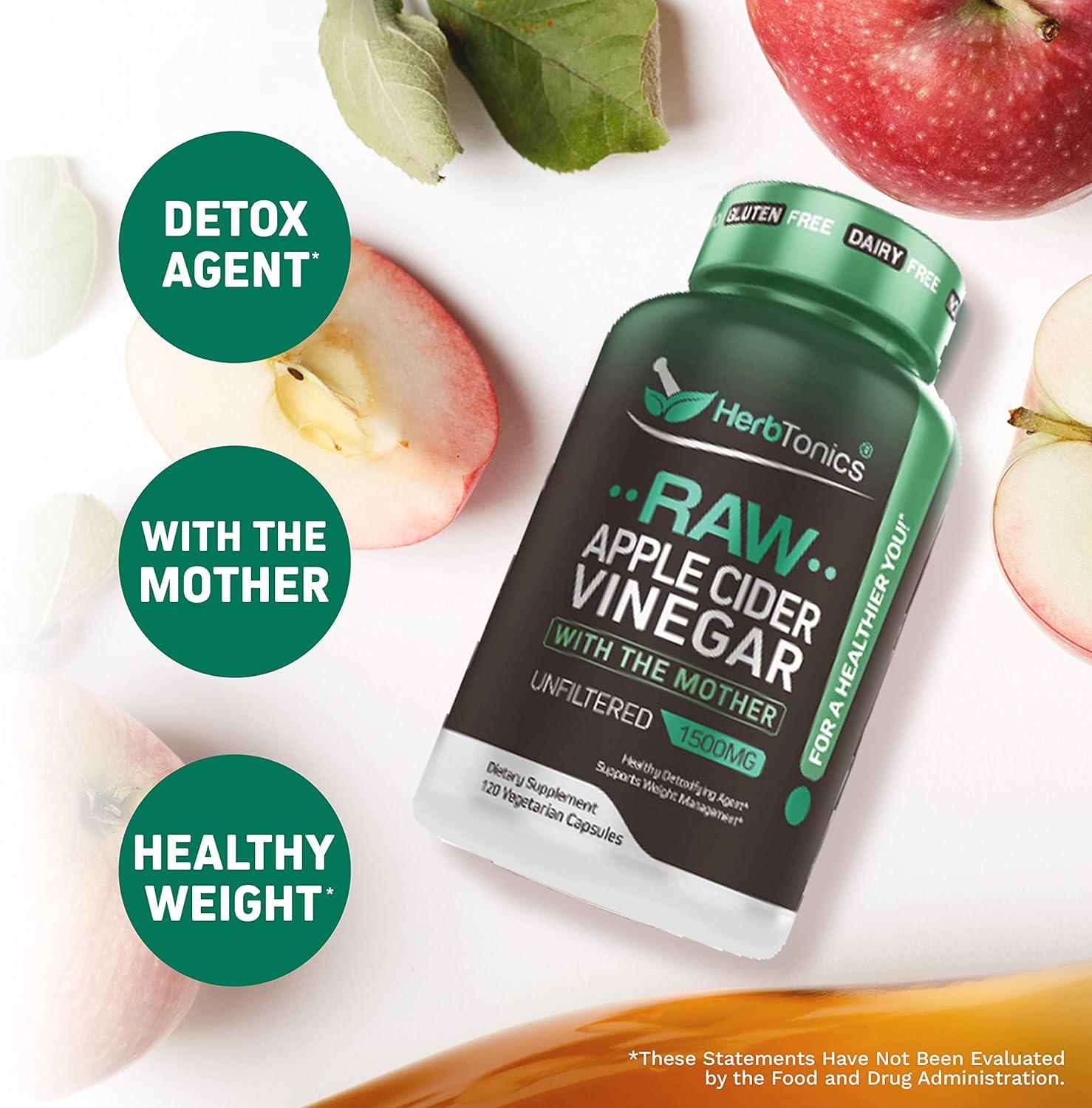 Herbtonics Raw Apple Cider Vinegar Capsules, 1500mg Detox Support (Packaging May Vary), 120 Caps : Health & Household