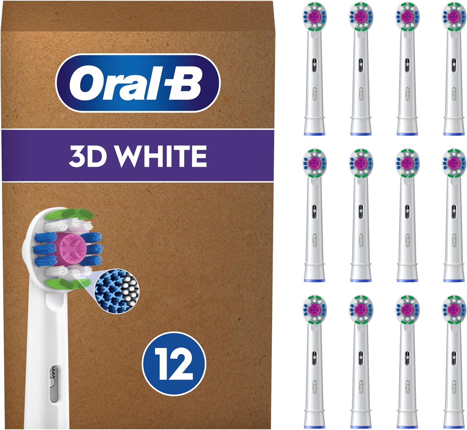 Oral-B 3D White Electric Toothbrush Head With Cleanmaximiser Technology, Angled Bristles For Deeper Plaque Removal, Pack Of 12 Toothbrush Heads, White