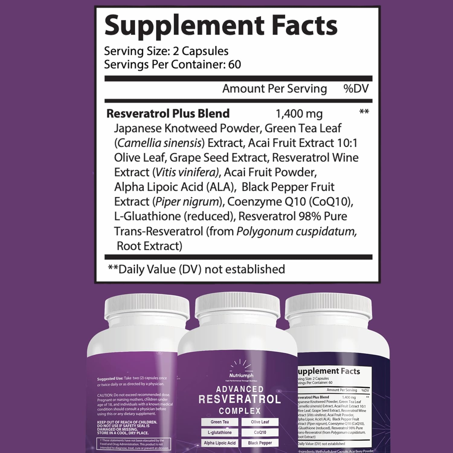 Nutriumph Advanced Resveratrol Complex – 1400Mg Antioxidant Supplement With Coq10, L-Glutathione, Alpha Lipoic Acid, Green Tea, Olive Leaf, And Black Pepper – 120 Vegan Capsules – Non-Gmo, Made In Usa : Health & Household