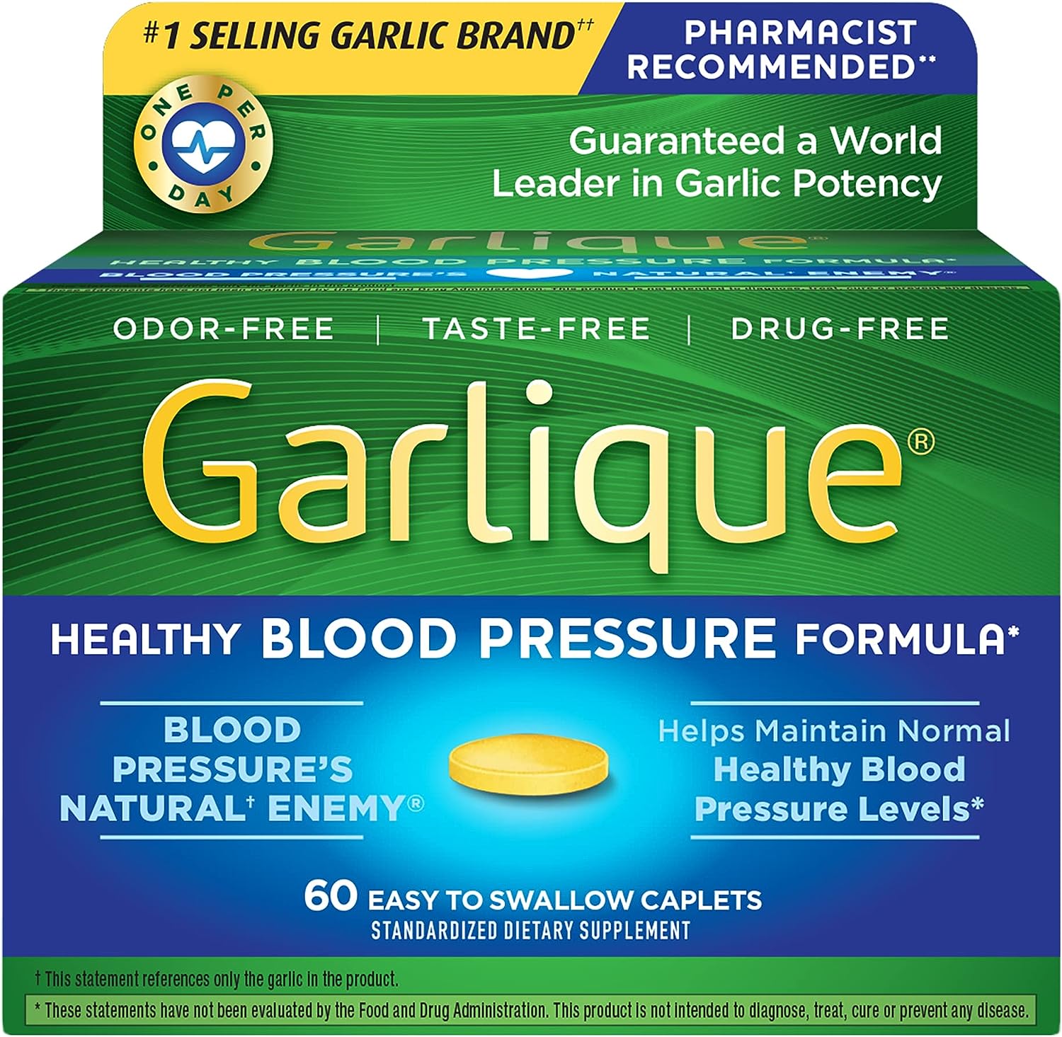 Garlique Garlic Extract Supplement, Healthy Blood Pressure Formula, Odorless & Vegan, 60 Caplets