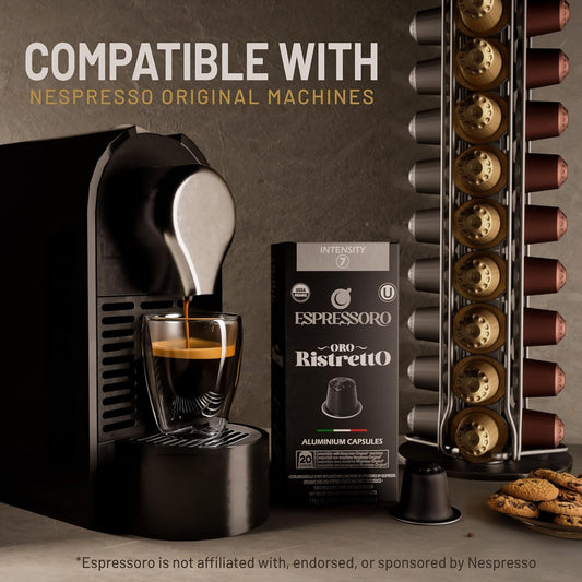 Espressoro 100 Usda Organic Espresso Pods - Ristretto Aluminum Capsule Compatible With Nespresso Original Lines Machines. Intensity 7 Premium Italian Expresso Coffee Capsules