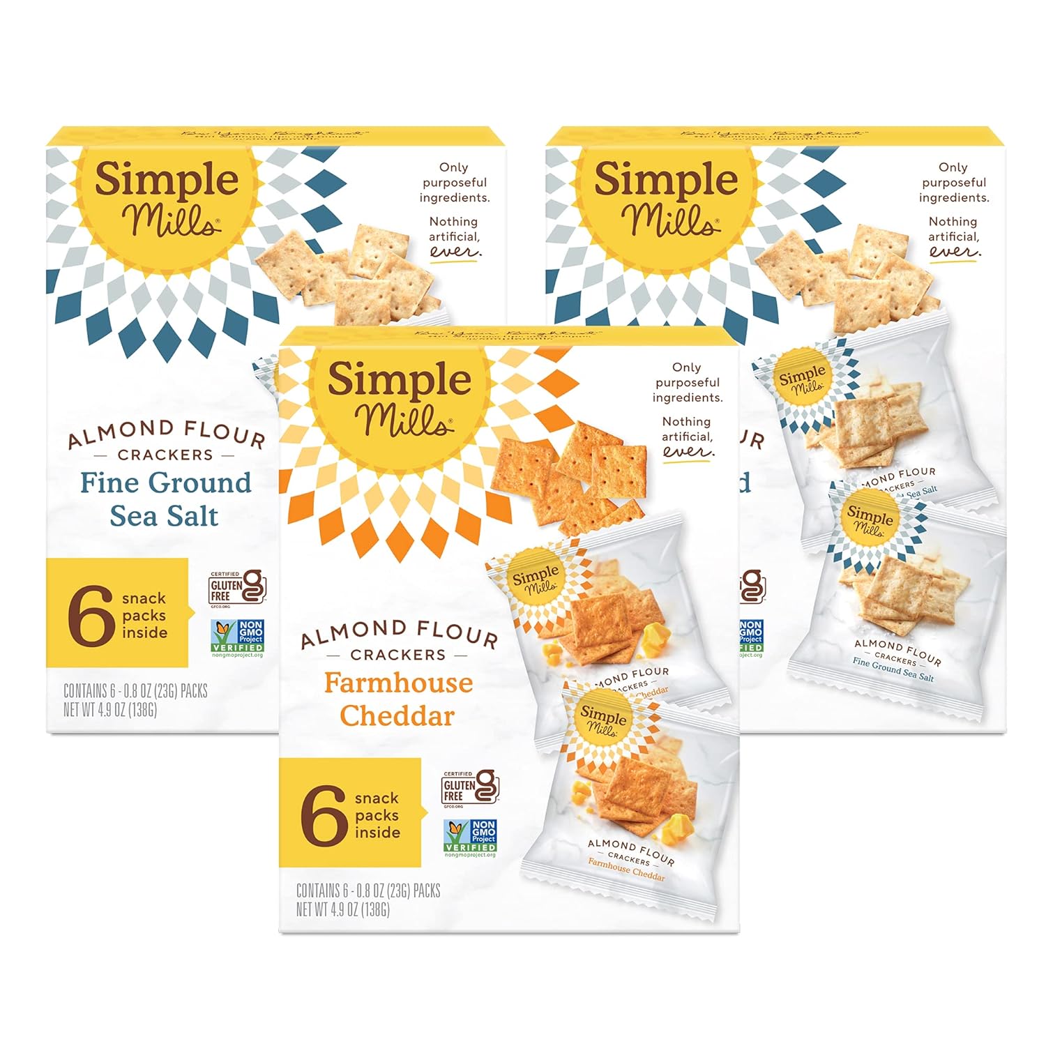 Simple Mills Almond Flour Crackers, Snacks Variety Pack (Fine Ground Sea Salt and Farmhouse Cheddar) - Gluten Free, Healthy Snacks, Plant Based, 4.9 Ounce (Pack of 3)