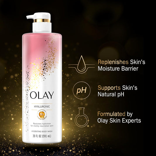 Olay Cleansing & Nourishing Body Wash For Women With Hyaluronic Acid & Vitamin B3 Complex, Long Lasting Hydration, 20 Fl Oz (Pack Of 4)