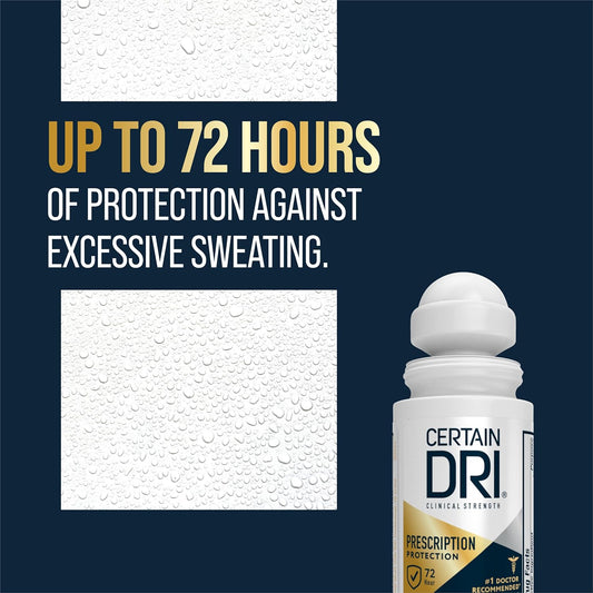 Certain Dri Prescription Strength Clinical Antiperspirant Roll-On Deodorant, Hyperhidrosis Treatment For Men & Women, Long-Lasting 72Hr Protection, Effective Sweat Control, Fragrance Free, 1.2 Fl Oz