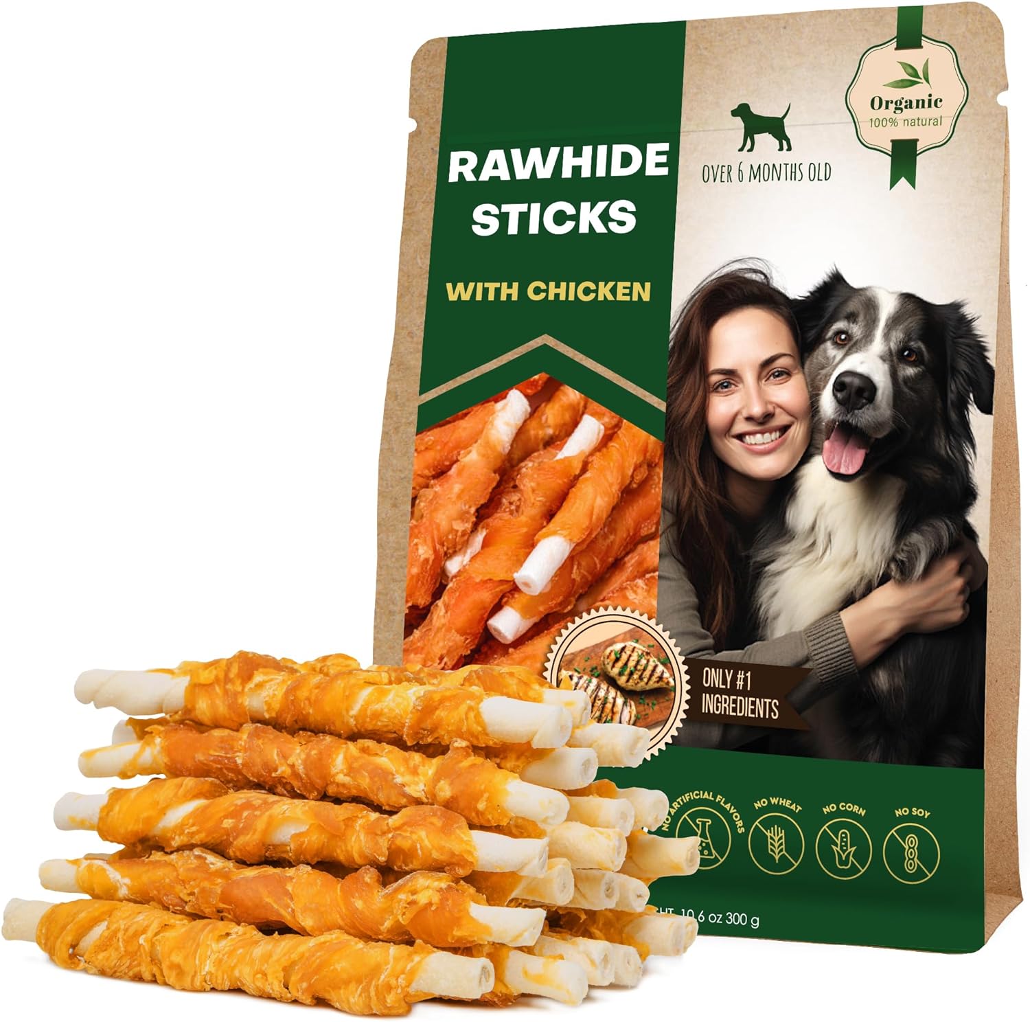 Dog Rawhide Sticks Wrapped with Chicken & Pet Natural Chew Treats - Grain Free Organic Meat & Human Grade Dried Snacks in Bulk - Best Twists for Training Small & Large Dogs - Made for USA (Sticks)