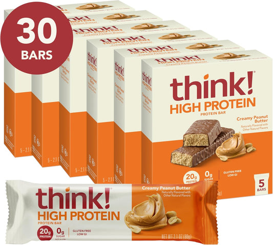 Think! Protein Bars, High Protein Snacks, Gluten Free, Kosher Friendly, Creamy Peanut Butter, Nutrition Bars, 2.1 Oz Per Bar, 30 Count (Packaging May Vary)