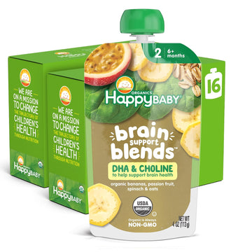 Happy Baby Organics Brain Support Blends Bananas, Spinach, Passionfruit & Oats With Dha And Choline 4Oz Pouch (Pack Of 16)