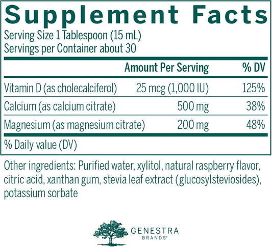 Genestra Brands Cal Mag Raspberry Liquid | Calcium And Magnesium Citrate Formula With Vitamin D | 15.2 Fl. Oz