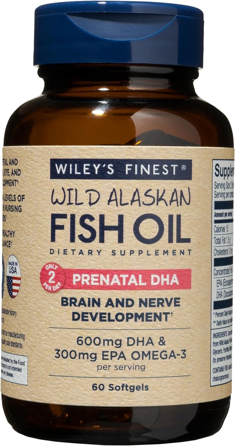 Wiley's Finest Wild Alaskan Fish Oil Prenatal DHA - 720mg EPA and DHA Omega-3s for Pregnant Women and Nursing Mothers - 60 Softgels (30 Prenatal Vitamin Servings)