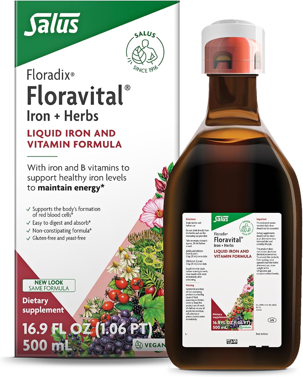 Floradix Floravital Liquid Iron & Vitamins Formula - Liquid Iron Supplement With B Complex Vitamins, Vitamin C & Herbs For Energy Support - Vegan, Gluten-Free, Yeast- Free, Non-Gmo - 17 Oz