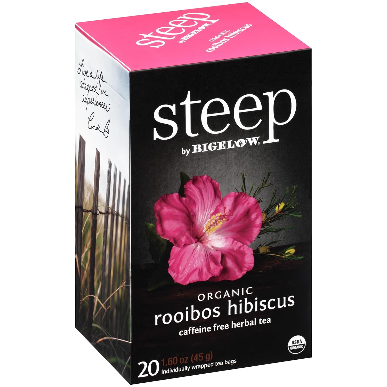 Steep By Bigelow Organic Rooibos Hibiscus Herbal Tea, Caffeine Free, 20 Count (Pack Of 6), 120 Total Tea Bags