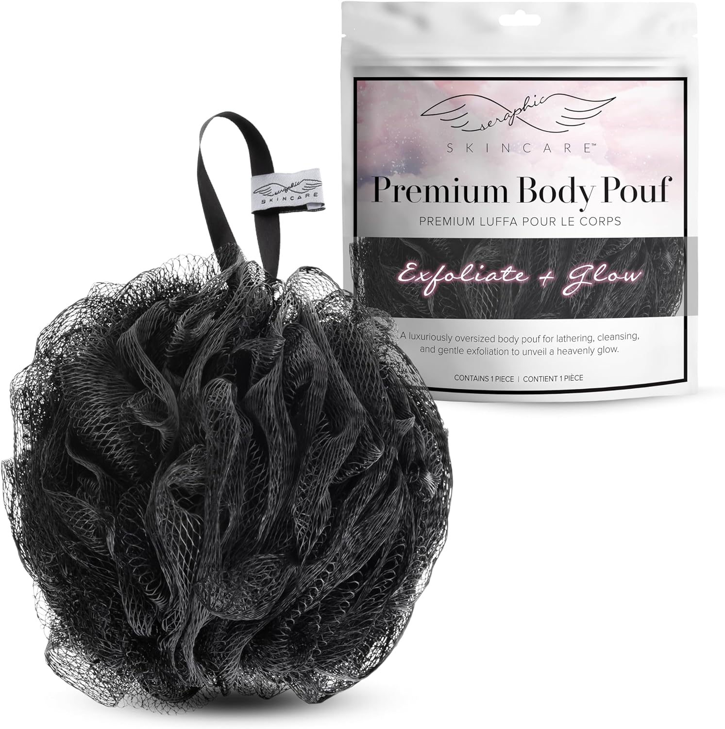 Seraphic Skincare Premium Body Pouf Loofah – 100g Shower Pouf Body Exfoliator for Gentle Exfoliation and Cleansing – Premium Exfoliating Body Scrubber to Reveal Silky Smooth, Glowing Skin (Black)