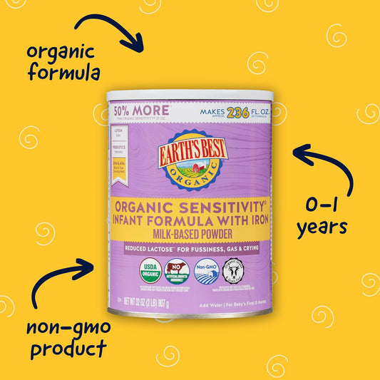 Earth's Best Organic Sensitive Baby Formula for Babies 0-12 Months, Reduced Lactose Powdered Infant Formula with Iron, Omega-3 DHA, and Omega-6 ARA, 32 oz Formula Container