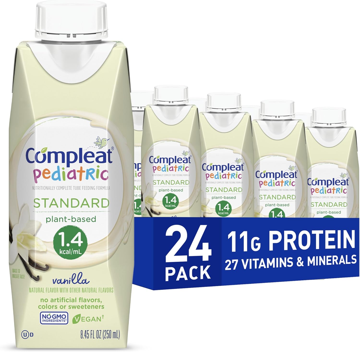 Compleat Pediatric Standard 1.4 Plant-Based Vanilla Nutrition Shake, 8G Of Protein, 27 Vitamins & Minerals - Vegan Tube Feeding Formula, 8.45 Fl Oz (Pack Of 24)