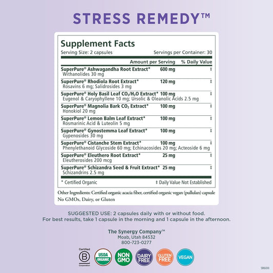Pure Synergy Stress Remedy | Stress Relief Supplement With Ashwagandha | Organic Adaptogen Support From Rhodiola, Lemon Balm, And Holy Basil | For Stress, Adrenal Health, And Mood (60 Capsules)