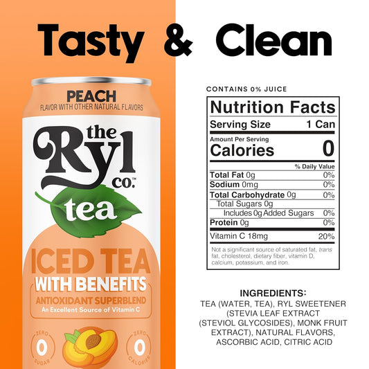 Ryl Iced Tea, Peach, Antioxidant Superblend, Zero Sugar, Low Carb, Zero Calorie Iced Tea, 16.0 Fl Oz (12-Pack)
