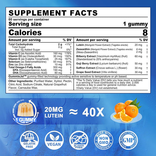 Sugar Free Lutein 20Mg 40Mg And Zeaxanthin Gummies For Eyes With Epa 190Mg & Dha 80Mg, Eye Vitamins Filled Gummies Plus Bilberry, Goji Berry & Saffron, Eye Health Supplements For Adults - Vegan, 60Cts