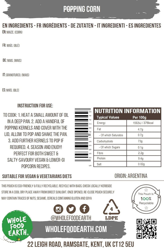 Wholefood Earth Popping Corn 3 Kg | Gmo Free | Natural |