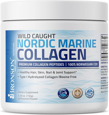 Bronson Marine Collagen Peptides Hydrolyzed Protein Powder 100% Wild Caught Nordic Cod Verified Sustainable Source For Joints Skin Hair Nails & Bones 150G (5.29Oz)