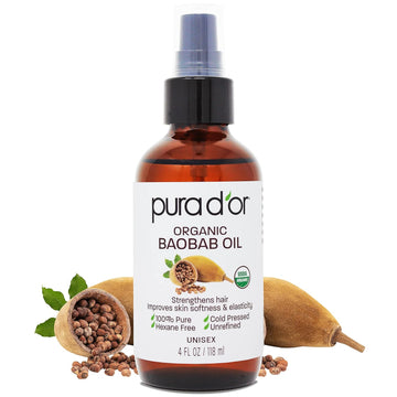 Pura D'Or Organic Baobab Oil (4Oz / 118Ml) 100% Pure Usda Certified Premium Grade Natural Moisturizer, Cold Pressed, Unrefined, Hexane-Free Base Carrier Oil For Diy Skin Care For Men & Women